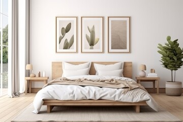 Mock up frame in bedroom interior backdrop, white room with natural wooden furnishings, Scandi Boho style,. Generative AI 