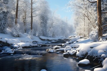 Winter scene in the forest. Flowing river and trees covered with snow. AI Generated - obrazy, fototapety, plakaty