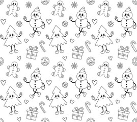 Vector seamless pattern of groovy retro cartoon Christmas isolated on white background