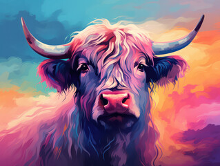 Scottish highlander cow in fine art generatieve ai - obrazy, fototapety, plakaty