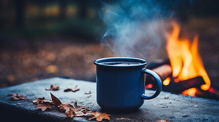 blue enamel cup of hot steaming coffee sitting on an old log by an outdoor campfire. - obrazy, fototapety, plakaty