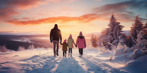 Foto op Aluminium Happy family Father, mother and children are having fun and playing on snowy winter walk in nature. comeliness © Summit Art Creations