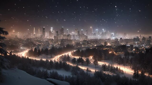 Footage city skyline night, illuminated ling lights cold wave brings heavy snowfall, transforming urban landscape into winter wonderland.