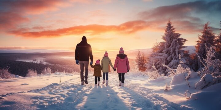 Happy Family Father, Mother And Children Are Having Fun And Playing On Snowy Winter Walk In Nature. Comeliness