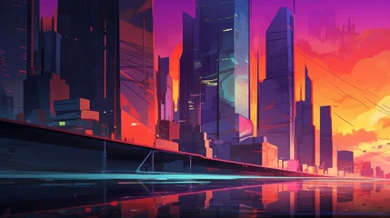 Door stickers Watercolor painting skyscraper drawn bright city of the future in cyberpunk style, Generative AI 