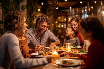 Family gathered around a dinner table, sharing stories and creating memories, leaving space for quotes on shared values - obrazy, fototapety, plakaty
