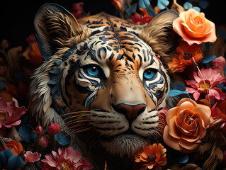 Tiger with flowers in fine art style generatieve ai