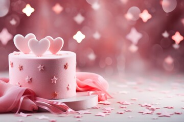 pink valentines eve cake decoration hearts and stars background
