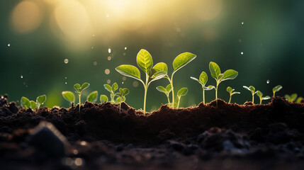 the seedling are growing from the rich soil to the morning sunlight that is shining