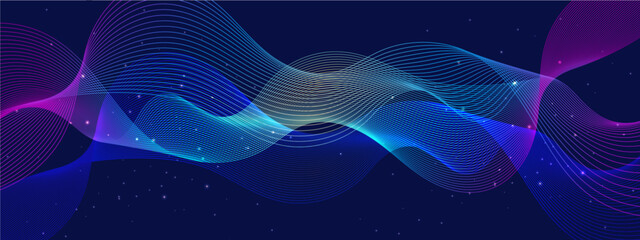 Blue yellow and purple violet vector modern line futuristic technology background. Technology abstract lines on with wave swirl, frequency sound wave, twisted curve lines with blend effect. - obrazy, fototapety, plakaty