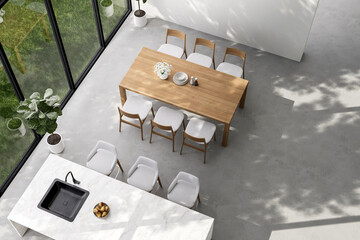 Top view of minimal loft style dining and kitchen with nature view 3d render There are whte paint wall and concrete floor decorate with wooden table and white marble top kitchen counter - obrazy, fototapety, plakaty