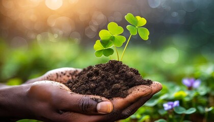 Closeup of african american hand holding soil with shamrocks growing from it - obrazy, fototapety, plakaty