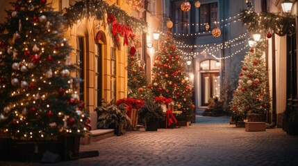Naklejka premium Christmas illumination and decorations in old town. New Year atmosphere. AI Generated