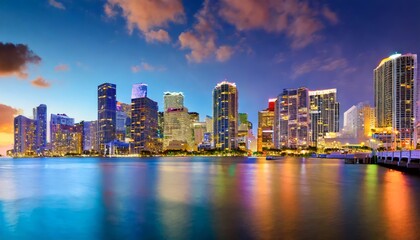 Miami city skyline with skyscrapers on the water - obrazy, fototapety, plakaty