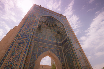 Parade portal of Gur-e-Amir mausoleum, famous architectural complex, Uzbekistan