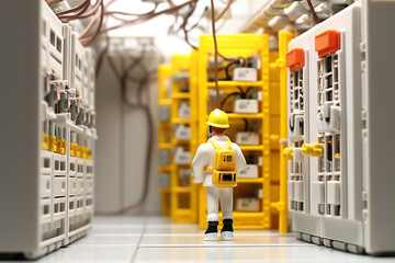 Tiny figure engineer is dedicatedly setting up, repairing, managing electronic circuits in technology driven processes of industry factory. Generative AI.
