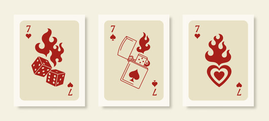 Playing Cards Posters. Retro Wall Art Prints Set with Dice in Flames, Lighter and Heart in a Trendy Modern Style. - 691756120
