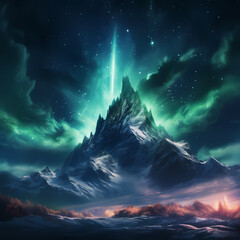 A snowy mountain peak under a spectacular display of the northern lights