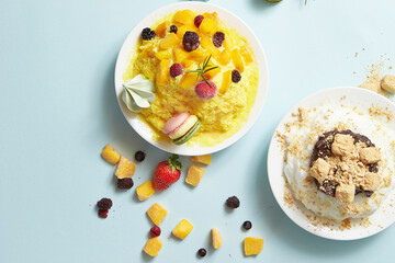 Fruit shaved ice with red bean shaved ice and mango