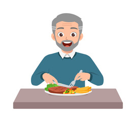 old elderly eating meat steak and feel happy