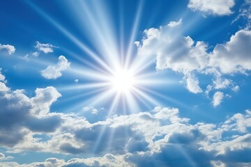 sun rays bursting through white fluffy clouds in a blue sky. Generative AI 