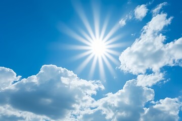 Naklejka na ściany i meble sun rays bursting through white fluffy clouds in a blue sky. Generative AI 