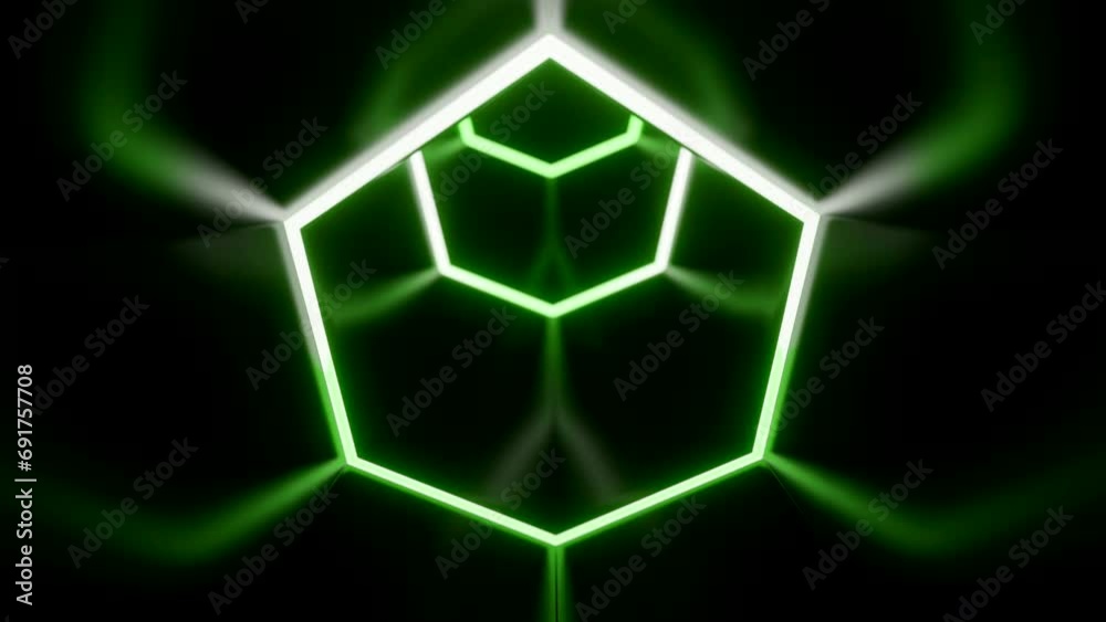 Poster Animation in moving tunnel with hexagonal glowing lines. Design. Movement in rotating cyber tunnel with neon lines. Dark cyber tunnel with hexagonal neon lines