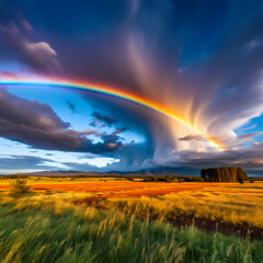 Naklejka na ściany i meble A vibrant rainbow stretching across the sky after a passing storm