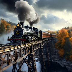 A vintage steam locomotive crossing a historic bridge