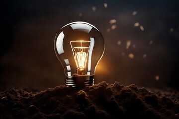 Light bulb glowing in soil, idea or energy and environment concept