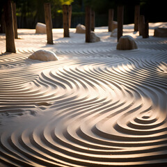 Fototapeta na wymiar A zen garden with raked patterns in the sand