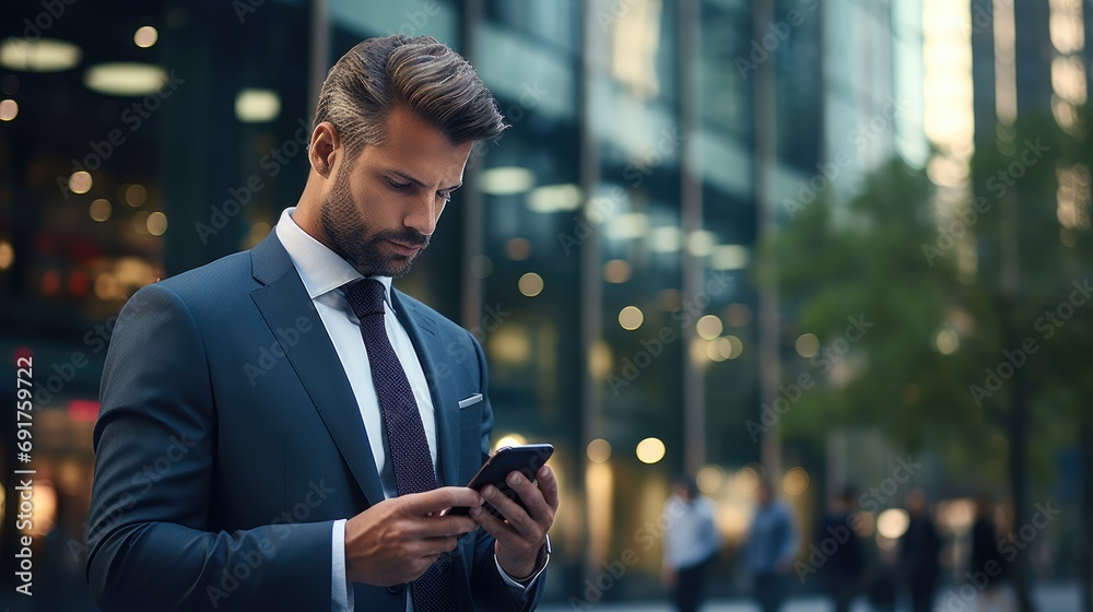 Wall mural a financial executive holding a cell phone against a blurred background of financial buildings. gene