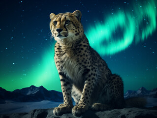 A Photo of a Cheetah at Night Under the Aurora Borealis