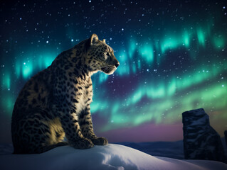 A Photo of a Leopard at Night Under the Aurora Borealis