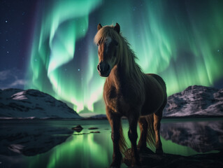 A Photo of a Horse at Night Under the Aurora Borealis