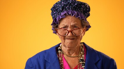Closeup of unhappy, confused, grandmother mature woman, 80s, does not understand isolated on yellow...