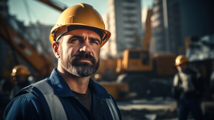 Engineer in a construction uniform on the background of a construction site in the city. Generative AI.