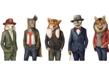 stylization humor mask creative cover costume cool clothing character chaplet blouse art fashion anthropomorphism animal Animals clothes Concept graphic vintage style Wolf Bird Lion Dog Elephant