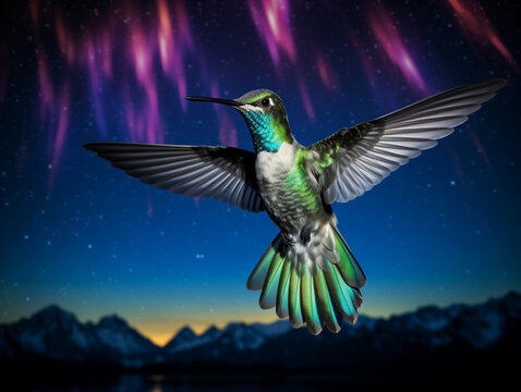 A Photo of a Hummingbird at Night Under the Aurora Borealis