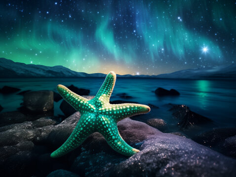 A Photo of a Starfish at Night Under the Aurora Borealis