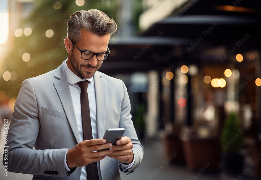 Aufkleber businessman networking typing an sms message in city street. generative ai.