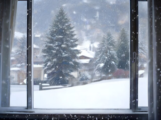 beautiful slowly falling snow outside the window