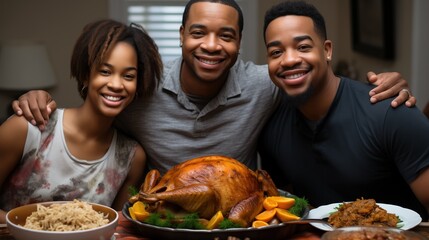 joyful African American family of three gathers around a table with a perfectly roasted turkey,...