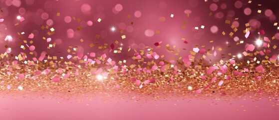 Golden confetti on pink background for celebration and party atmosphere