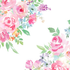 水彩で描いたピンクのバラと草花の背景用イラスト