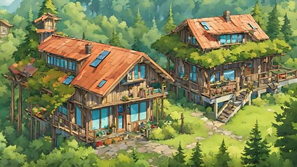 Standing base Resilience Ridge, look small cabins tered lush green trees. Each cabin occupied different individual, their windows adorned with colorful flowers their 2d animation