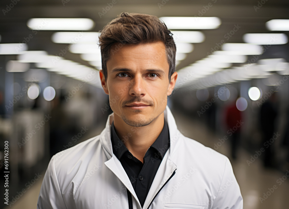 Poster portrait of engineer in a large bright modern room. generative ai.
