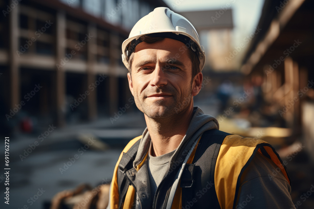 Aufkleber portrait architecture man wearing uniform on home reconstruction. generative ai.