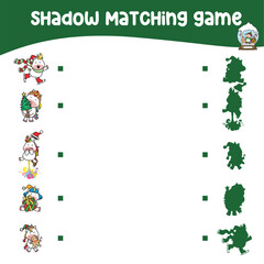 Matching shadow the Christmas items for children. Find the correct shadow. Educational matching game for children with cartoon character. Worksheet for kid. Educational printable activity page. 