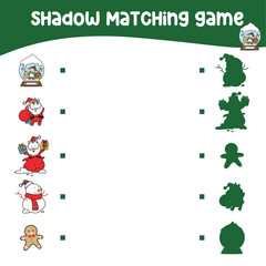 Fototapeta premium Matching shadow the Christmas items for children. Find the correct shadow. Educational matching game for children with cartoon character. Worksheet for kid. Educational printable activity page. 